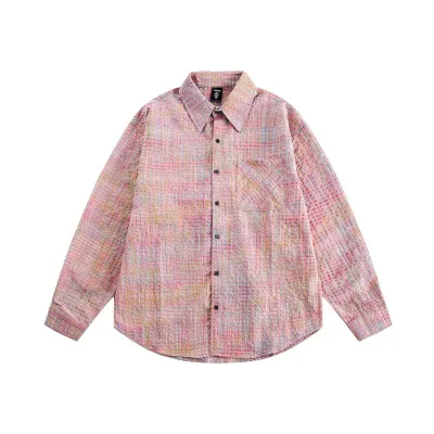 Bubble gauze checkered long sleeved shirt for men and women