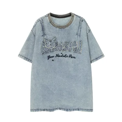  Retro Butterfly Letter Patch Embroidery Denim Short Sleeve T-Shirt Men's Summer Trendy Loose Casual Couple Top