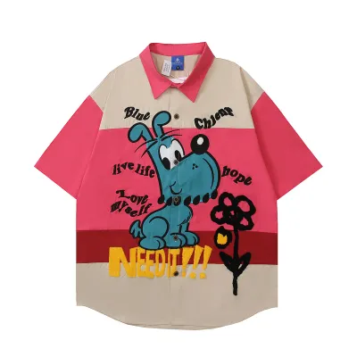 Retro Cartoon Embroidery Color Block Short Sleeve Shirt Unisex Trendy Summer Loose Casual BF Couple Blouse