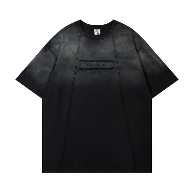  Spliced Washed Embroidered Raw Edge Design Short Sleeve T-Shirt for Men and Women, Loose Casual Couple Tee