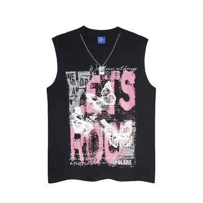 Butterfly Letter Print Design Necklace Sleeveless T-Shirt for Men and Women Street Vest Tank Top