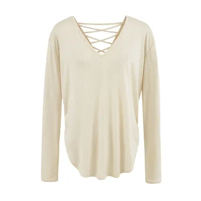  V-Neck Tied Long Sleeve Loose T-Shirt
