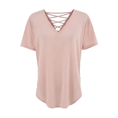  Tie Rope V-Neck Short Sleeve Loose Casual T-Shirt