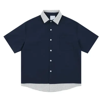  Short Sleeve Shirt Unisex Loose Casual Color-Block Blouse