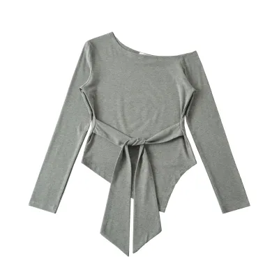  Sexy Off-the-Shoulder Bandage Waist Long Sleeve T-Shirt 