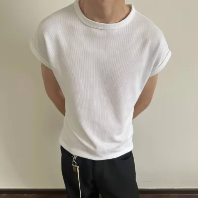  Sleeveless Vest Ribbed Base Layer T-Shirt Casual Versatile Draped Cuffed Hem
