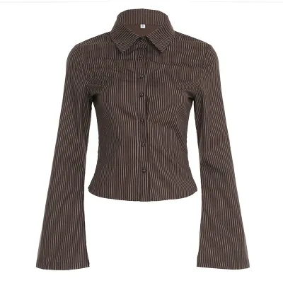 Brown striped lapel shirt T-shirt