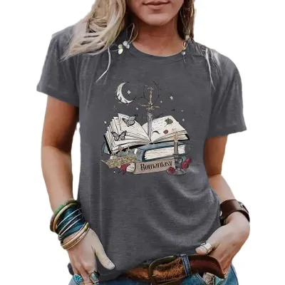 Cartoon pattern printed round neck loose short sleeved shirt