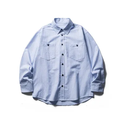  Patch Pocket Striped Long Sleeve Shirt Men Loose Casual Versatile Dress Shirt