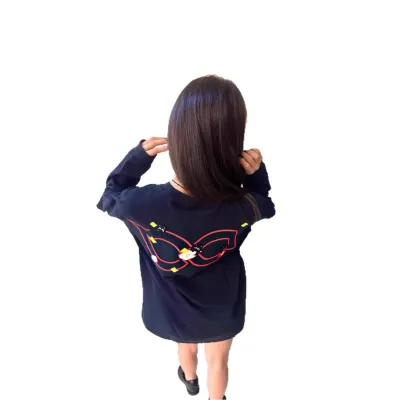 Cat Embroidery Long Sleeve T-Shirt Style Casual Loose Round Neck Top for Men and Women Couple