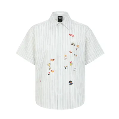 Cartoon style printed vertical stripe short sleeved shirt