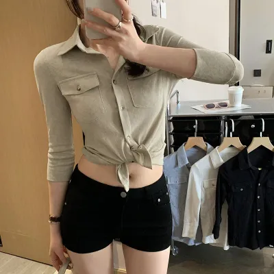 Cargo Pocket Turn-down Collar Long Sleeve Shirt T-Shirt 