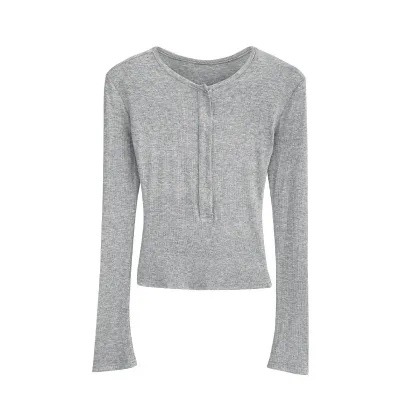 Buttoned Regular Shoulder Slim-Fitting Long Sleeve T-Shirt 