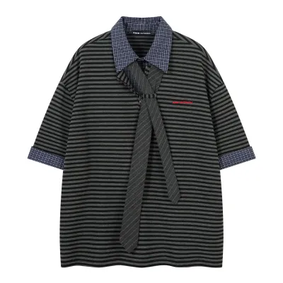 Black gray striped short sleeved checkered lapel retro top
