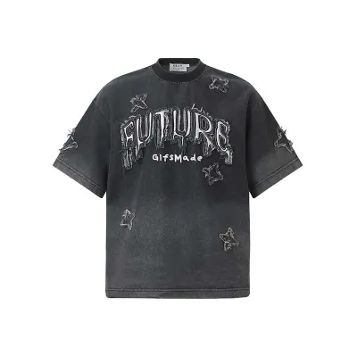 Alphabet patch embroidery with frayed edges gradient washable short sleeves