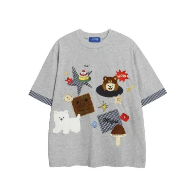 Cartoon Embroidery Color-Block Patchwork Short Sleeve T-Shirt 