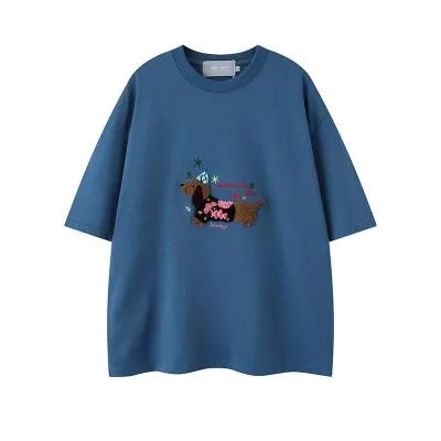 Cartoon puppy plush embroidery round neck short sleeved shirt