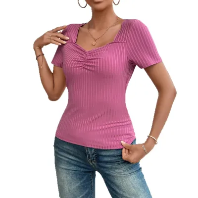  Solid Color V-Neck Fitted Short Sleeve T-Shirt