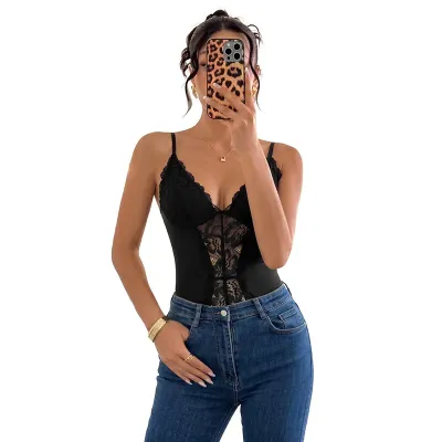  Solid Color Lace Strap Bodysuit V-neck Sexy Bodycon One-piece Dress for Women