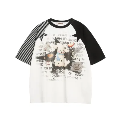  Spotted Dog Color-Block Raglan Sleeve T-Shirt Unisex Summer Streetwear Loose Casual Versatile Top