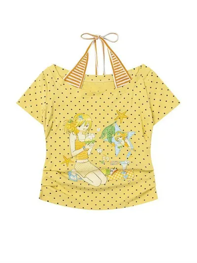 Cartoon Girl Print Polka Dot Mock Two-Piece Short Sleeve T-Shirt 