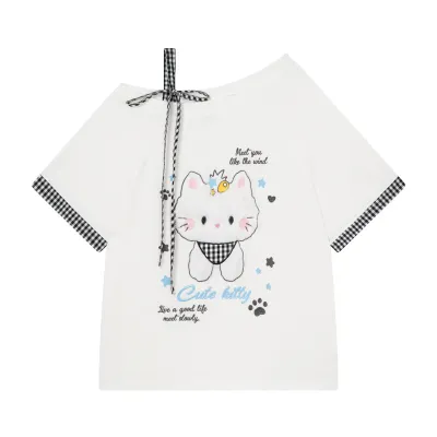  Short Sleeve Plaid Spliced Drawstring Shoulder Sweet Girl Style Crop Top
