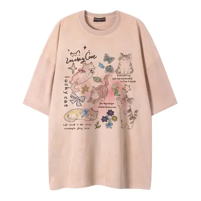 Cat butterfly print short sleeved shirt