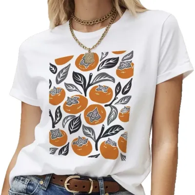 Persimmon pattern round neck loose short sleeved top for women