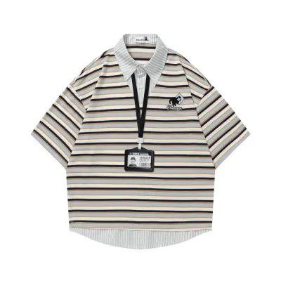 Hanging embroidery horizontal strip short sleeved shirt