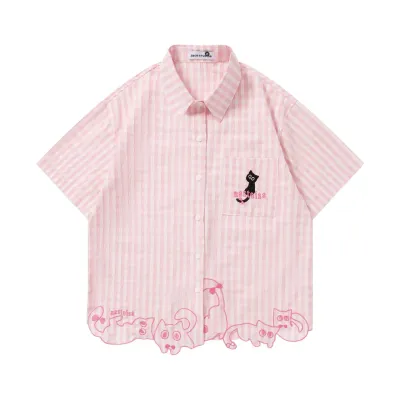 Cartoon cat embroidered short sleeved shirt