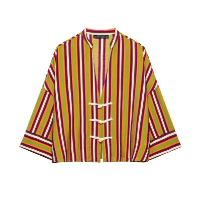 Deep V-wide sleeved striped rope buttoned shirt