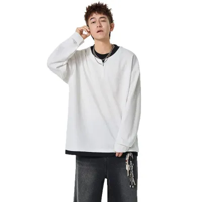 Premium Faux Two-Piece Hoodie for Men, Spring and Autumn, Long Sleeve T-Shirt, Fashionable Loose Fit, Waffle Knit Crewneck Underwear