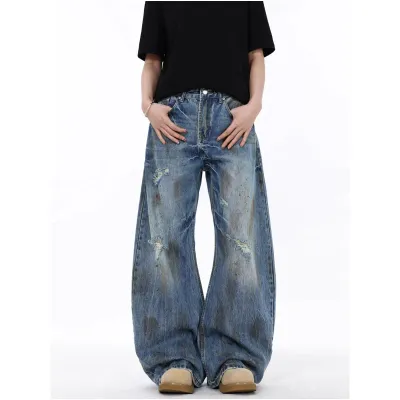 Street Style Lightning Crack Distressed Ripped Knife-Edge Denim Pants for Men, Wide Leg Loose Fit, Scythe Cut Casual Trousers