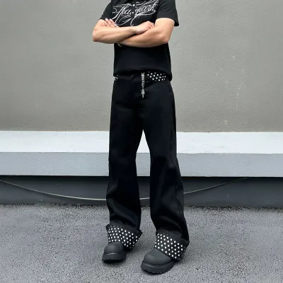 Fashion Cuffed Polka Dot Black Straight Leg Jeans Men's Light Asian Style Loose Slimming Clean Fit Pants