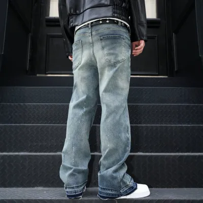 Retro Summer Washed Denim Pants for Men with Distressed Splatter Design, Fashionable Casual Trousers 