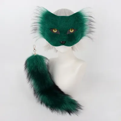 Halloween Half-Face Cat Mask, Personality DIY Animal Mask, Cosplay Plush Tail, Animal Tail Party Accessory