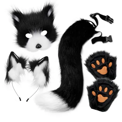 Halloween Plush Fox Mask Set with Faux Fox Ears Headband, Tail, Animal Paws and Cosplay Accessories