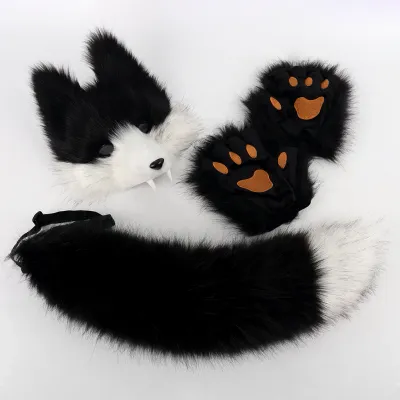 Halloween Realistic Wolf Tooth Mask 3D Set Cosplay Lone Wolf Plush Animal Tail Party Costume Accessory