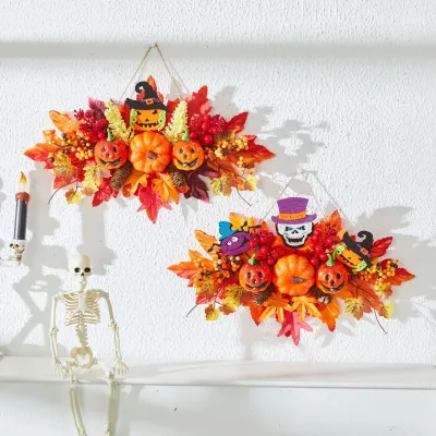 Halloween Decoration Autumn Color Pumpkin Wreath Maple Leaf Harvest Festival Door Hanging Ghost Festival Scene Decoration Light-Up Hanging Ornament Lighting Decor