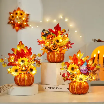 Halloween Decorative Light-Up Fake Maple Leaf Pumpkin Prop for Harvest Festival Scene Decoration and Ghost Festival Display
