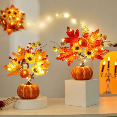 Halloween Decorative Foam Pumpkin Autumn Harvest Festival Red Berry Maple Leaf LED Decoration