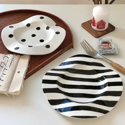 Nordic Ceramic Plate Dot Stripe Irregular Wave Shape Ceramic Dessert Plate Pasta Plate Dinner Plates Ceramic Dish Plates