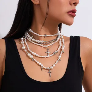 Punk style geometric pearl bead necklace, personalized cross, multi-layer alloy collarbone chain