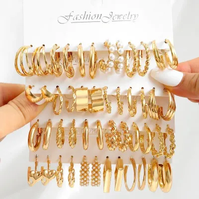  Vintage Pearl Earrings Set Metal Gold Color Dangle Earrings Heart Butterfly Hoop Earrings Geometric Fashion Jewelry Trendy