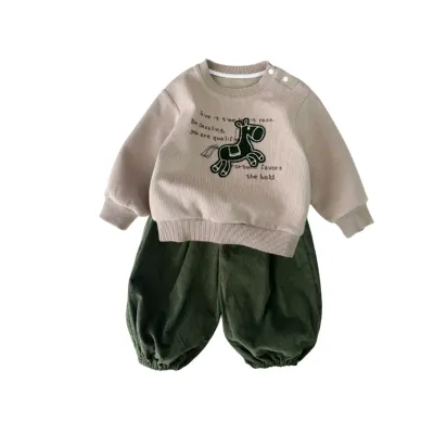 Cartoon Hoodie Cuffed Lantern Pants Set, Trendy Two-Piece Suit for Toddlers