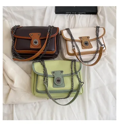 Spring New Retro Bag Women's Fashion Simple Style Contrast Color Chain Bag Texture Shoulder Messenger Bag