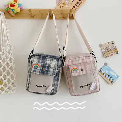 Plaid Canvas Contrast Color Small Bag New Trendy Casual Mobile Phone Bag Japanese Cute Girl Student Messenger Bag