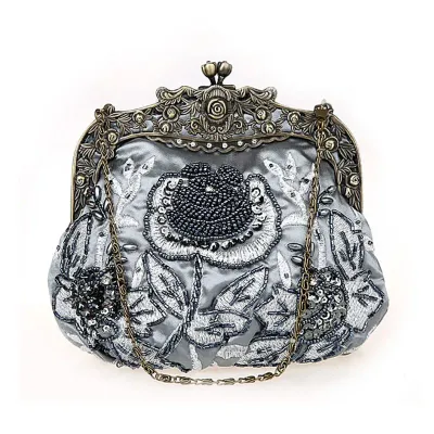 New Vintage Beaded Evening Bag Embroidered Bag Diamond Sequined Clutch Hand Bag Bride Bag  Free Shipping