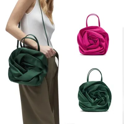 Summer New Brand Design Silk Pleated Flower Handbag Women Red Flower Round Evening Bag Wedding Party Clutches Luxury Female