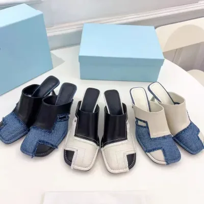  Brand Ladies High Heel Slippers Square Toe Formal Dress Shoes Leahter Patchwork Denim Sandals Summer Party Shoes Women
